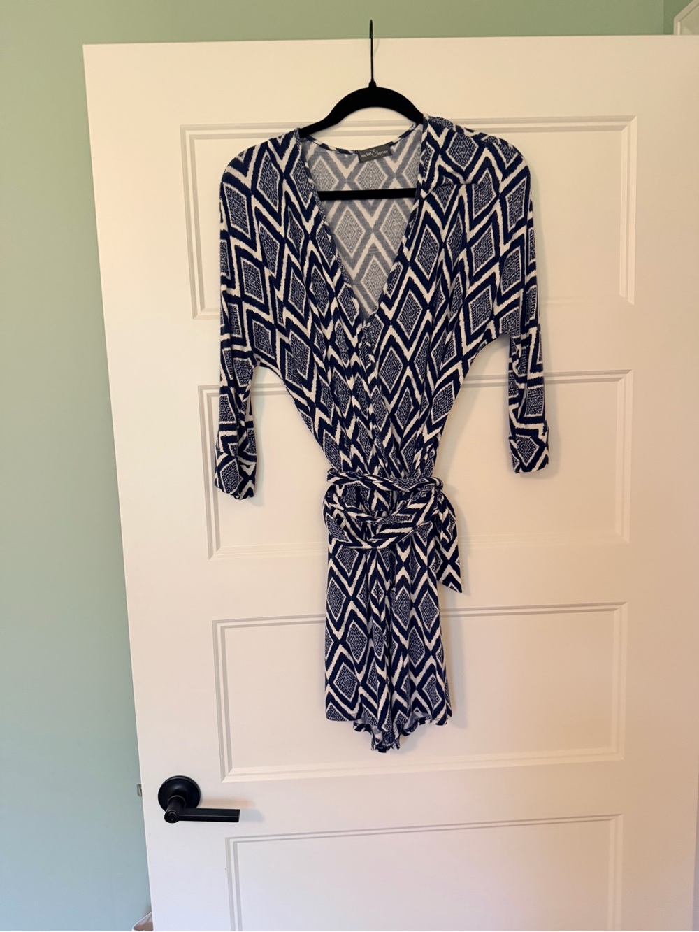 Market & Spruce Navy and White Geometric Long Sleeve Wrap Romper